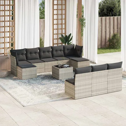 Conjunto Sofás de Jardim c/ Almofadões Vime PE Cinzento (11 pcs)