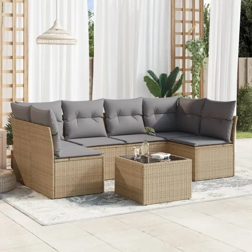 Conjunto de Sofás p/ Jardim com Almofadões Vime PE Bege (7 pcs)