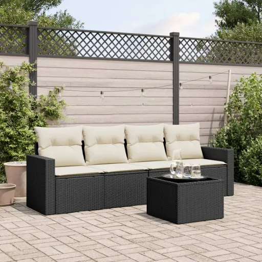 Conjunto Sofás de Jardim com Almofadões Vime PE Preto (5 pcs)