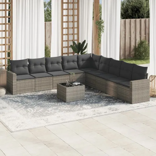 Conjunto Sofás de Jardim c/ Almofadões Vime PE Cinzento (10 pcs)