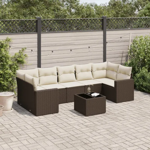Conjunto Sofás de Jardim c/ Almofadões Vime PE Castanho (8 pcs)