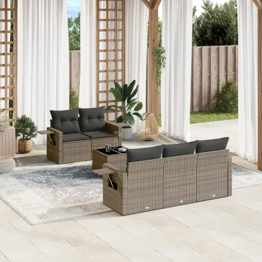 Conjunto Sofás de Jardim com Almofadões Vime Cinzento (6 pcs)