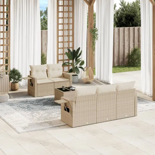 Conjunto de Sofás p/ Jardim com Almofadões Vime PE Bege (6 pcs)