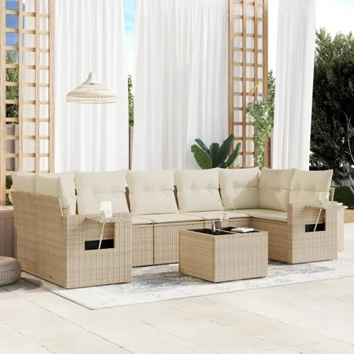 Conjunto de Sofás p/ Jardim com Almofadões Vime PE Bege (8 pcs)