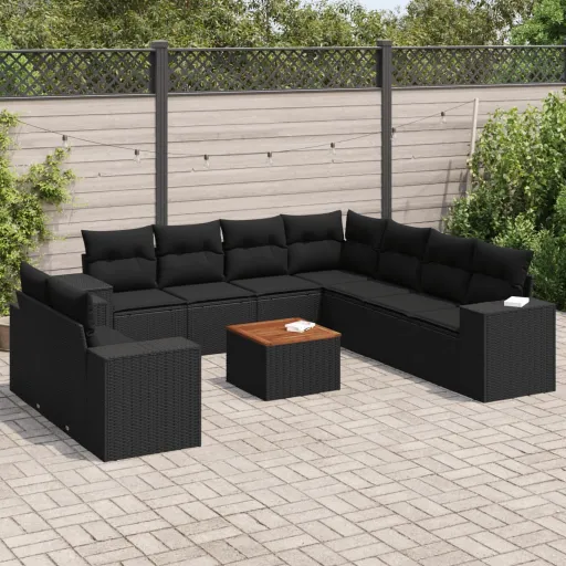 Conjunto Sofás de Jardim c/ Almofadões Vime PE Preto (10 pcs)
