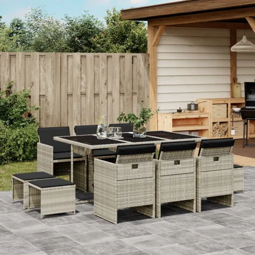 Conjunto Jantar p/ Jardim c/ Almofadões Vime PE Cinzento (11 pcs)