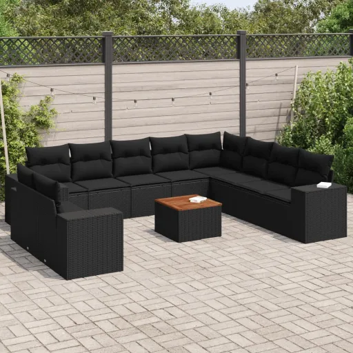 Conjunto Sofás de Jardim c/ Almofadões Vime PE Preto (11 pcs)