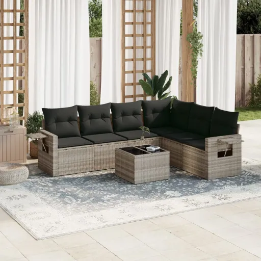 Conj. Sofás Jardim com Almofadões Vime PE Cinzento-Claro (7 pcs)