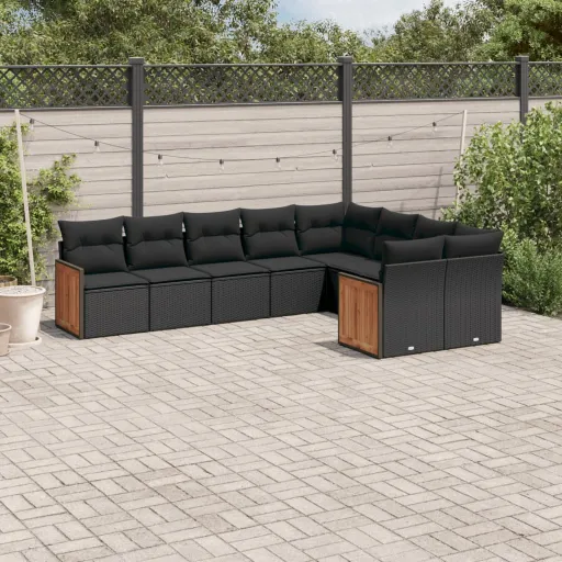 Conjunto de Sofás p/ Jardim c/ Almofadões Vime PE Preto (9 pcs)