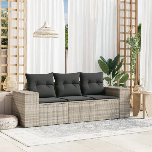 Conj. Sofás Jardim c/ Almofadões Vime PE Cinzento-Claro (3 pcs)