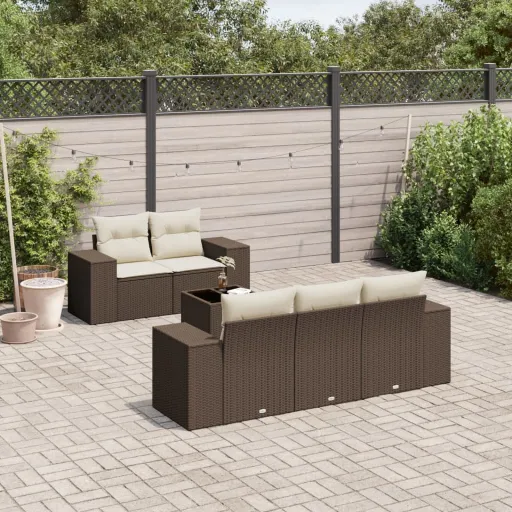 Conjunto de Sofás Jardim c/ Almofadões Vime PE Castanho (6 pcs)