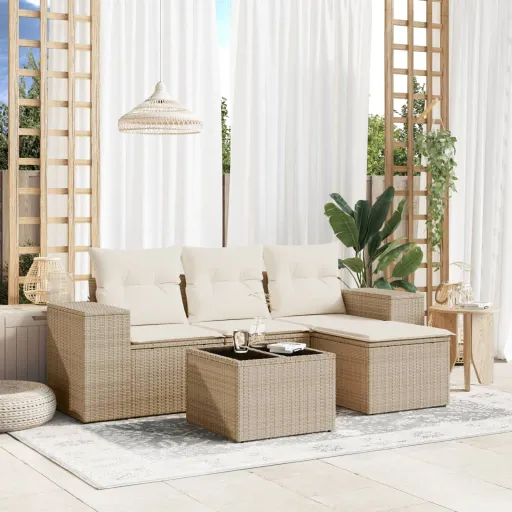 Conjunto de Sofás p/ Jardim com Almofadões Vime PE Bege (5 pcs)