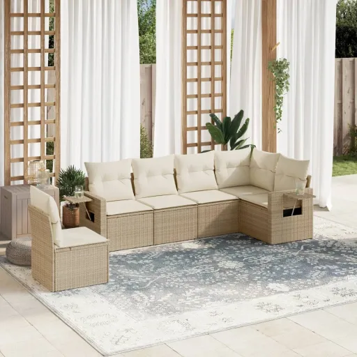 Conjunto de Sofás p/ Jardim com Almofadões Vime PE Bege (6 pcs)