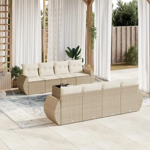 Conjunto de Sofás p/ Jardim com Almofadões Vime PE Bege (9 pcs)