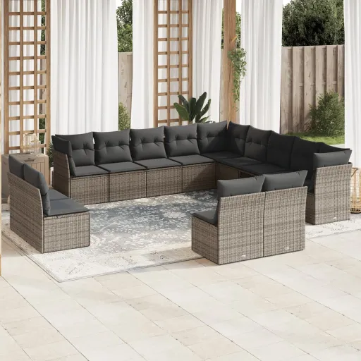 Conjunto de Sofás Jardim c/ Almofadões Vime PE Cinzento (12 pcs)