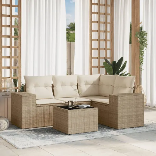 Conjunto de Sofás p/ Jardim com Almofadões Vime PE Bege (5 pcs)