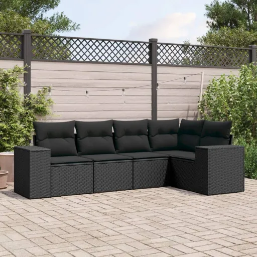 Conjunto Sofás de Jardim com Almofadões Vime PE Preto (5 pcs)