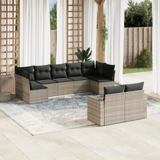 Conj. Sofás Jardim com Almofadões Vime PE Cinzento-Claro (9 pcs)