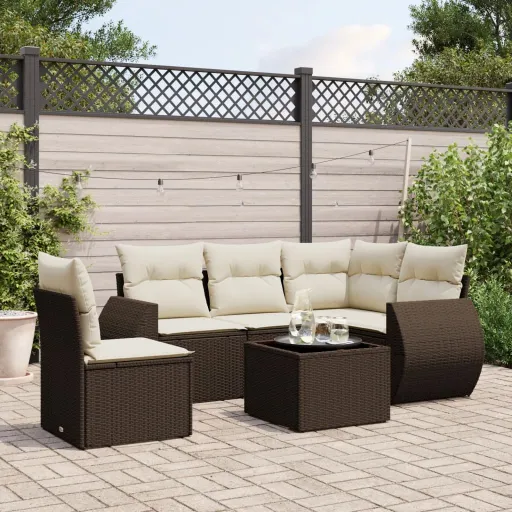 Conjunto de Sofás Jardim c/ Almofadões Vime PE Castanho (6 pcs)