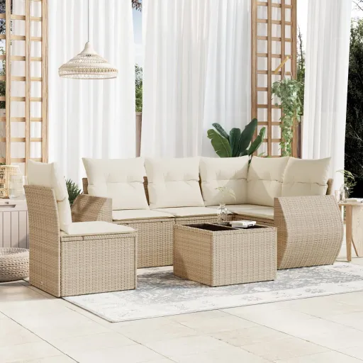 Conjunto de Sofás p/ Jardim com Almofadões Vime PE Bege (6 pcs)
