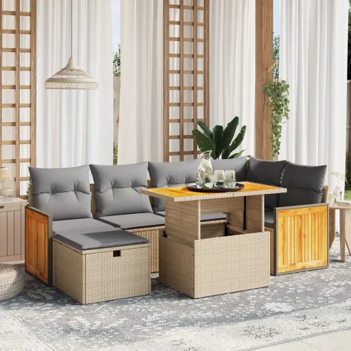 Conjunto de Sofás p/ Jardim com Almofadões Vime PE Bege (7 pcs)
