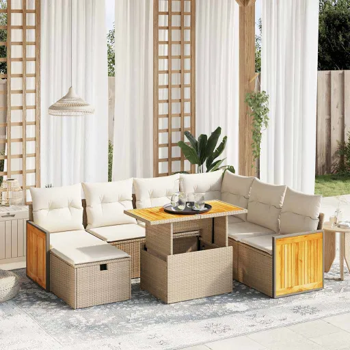 Conjunto de Sofás p/ Jardim com Almofadões Vime PE Bege (8 pcs)