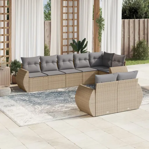 Conjunto de Sofás p/ Jardim com Almofadões Vime PE Bege (8 pcs)