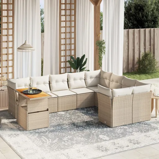 Conjunto de Sofás p/ Jardim com Almofadões Vime PE Bege (10 pcs)