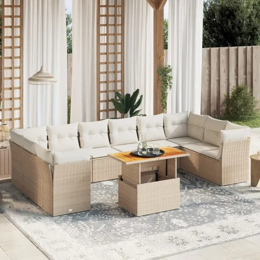 Conjunto Sofás de Jardim c/ Almofadões Vime PE Bege (11 pcs)