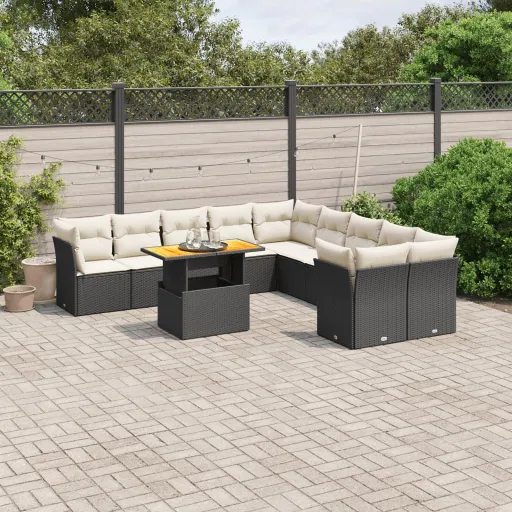 Conjunto Sofás de Jardim c/ Almofadões Vime PE Preto (11 pcs)