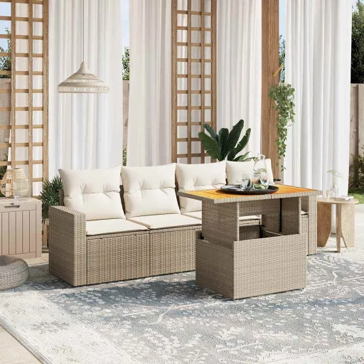 Conjunto de Sofás p/ Jardim com Almofadões Vime PE Bege (5 pcs)