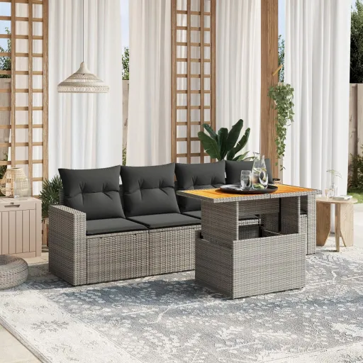 Conjunto Sofás de Jardim c/ Almofadões Vime PE Cinzento (5 pcs)