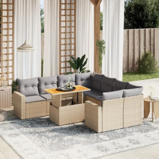 Conjunto de Sofás p/ Jardim com Almofadões Vime PE Bege (9 pcs)