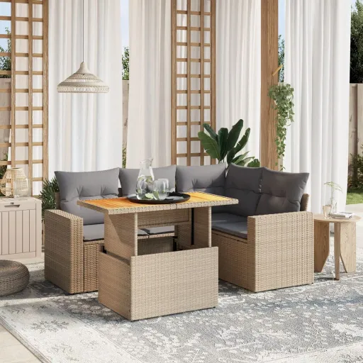 Conjunto de Sofás p/ Jardim com Almofadões Vime PE Bege (5 pcs)