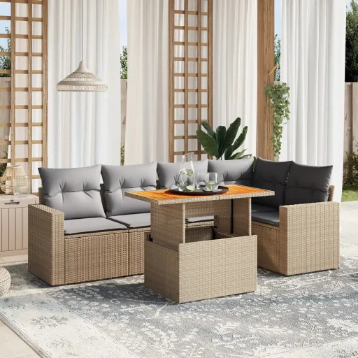 Conjunto de Sofás p/ Jardim com Almofadões Vime PE Bege (6 pcs)