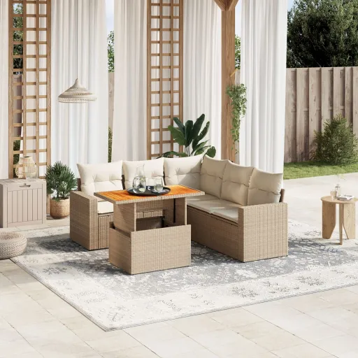 Conjunto de Sofás p/ Jardim com Almofadões Vime PE Bege (6 pcs)