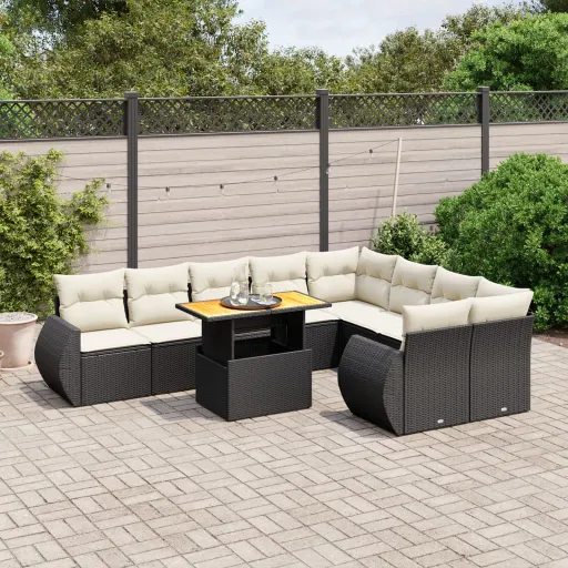 Conjunto Sofás de Jardim c/ Almofadões Vime PE Preto (10 pcs)