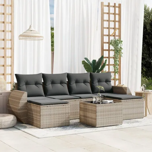 Conj. Sofás Jardim com Almofadões Vime PE Cinzento-Claro (7 pcs)