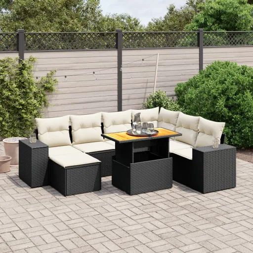Conjunto Sofás de Jardim com Almofadões Vime PE Preto (8 pcs)