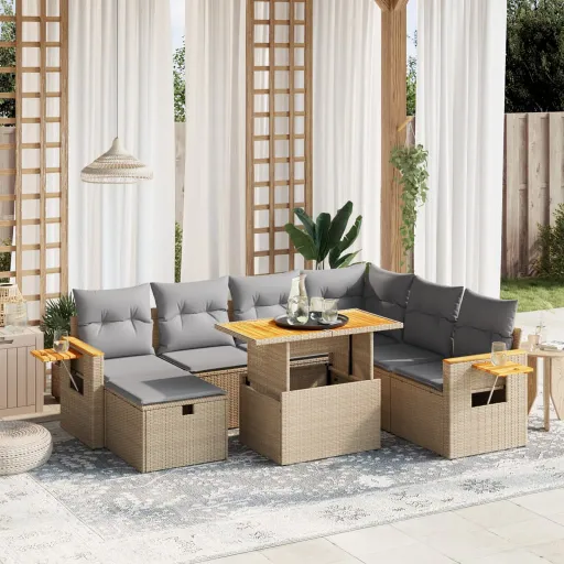 Conjunto de Sofás p/ Jardim com Almofadões Vime PE Bege (8 pcs)
