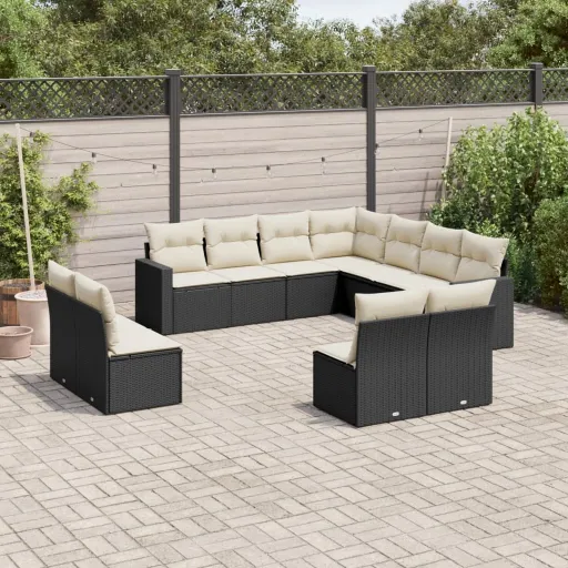 Conjunto Sofás de Jardim c/ Almofadões Vime PE Preto (11 pcs)
