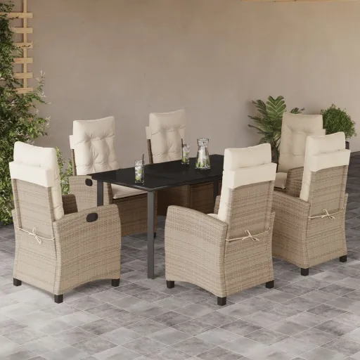 Conjunto de Jantar p/ Jardim com Almofadões Vime PE Bege (7 pcs)