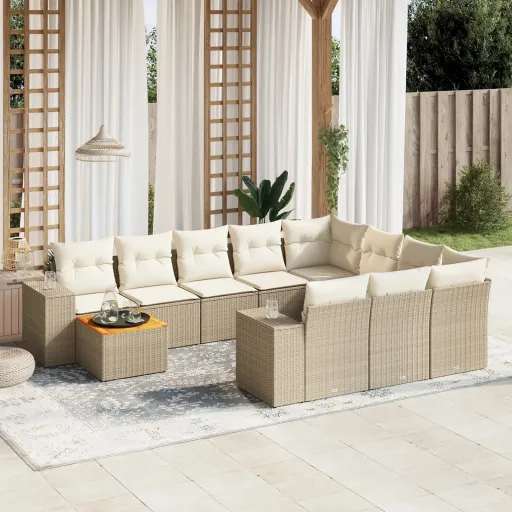 Conjunto Sofás de Jardim c/ Almofadões Vime PE Bege (11 pcs)