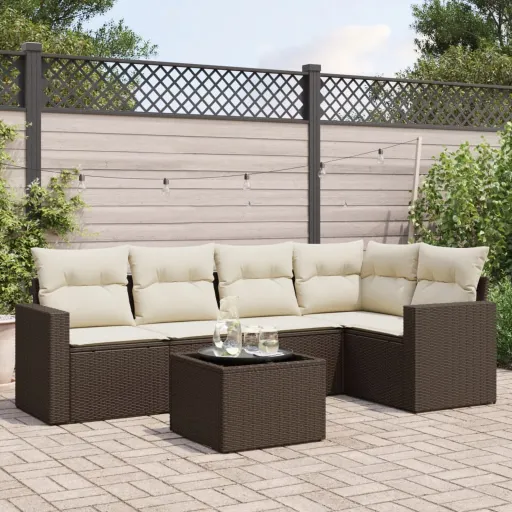 Conjunto de Sofás Jardim c/ Almofadões Vime PE Castanho (6 pcs)
