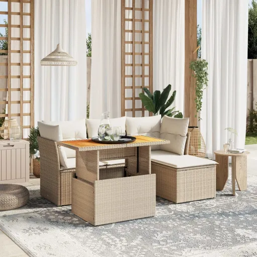 Conjunto de Sofás p/ Jardim com Almofadões Vime PE Bege (6 pcs)