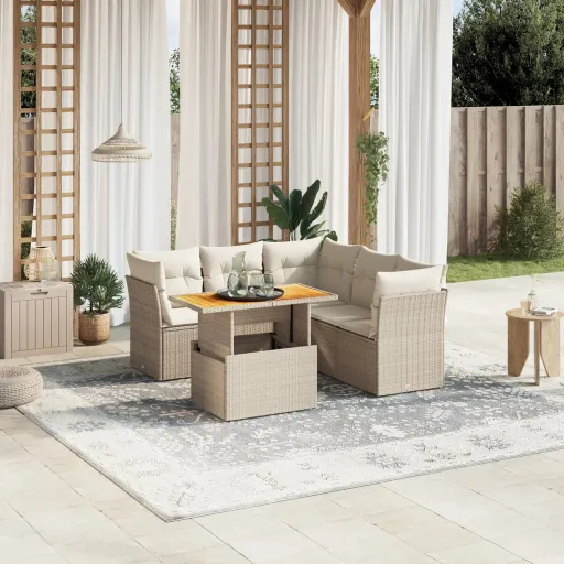 Conjunto de Sofás p/ Jardim com Almofadões Vime PE Bege (5 pcs)