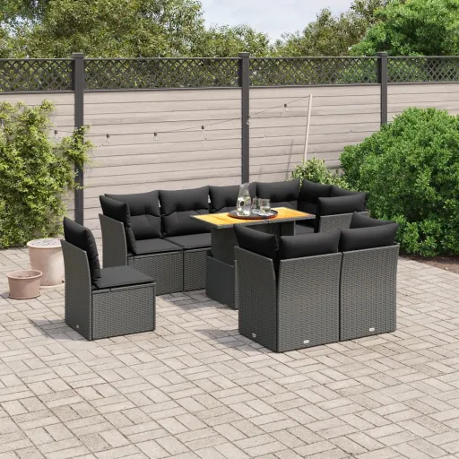 Conjunto de Sofás p/ Jardim c/ Almofadões Vime PE Preto (9 pcs)
