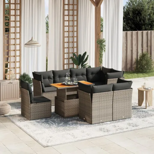 Conjunto Sofás p/ Jardim com Almofadões Vime PE Cinzento (9 pcs)