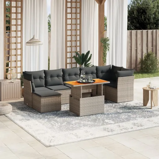 Conjunto Sofás de Jardim c/ Almofadões Vime PE Cinzento (8 pcs)