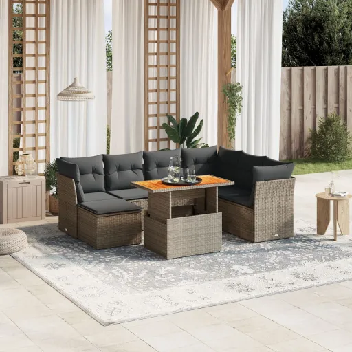 Conjunto Sofás de Jardim c/ Almofadões Vime PE Cinzento (8 pcs)
